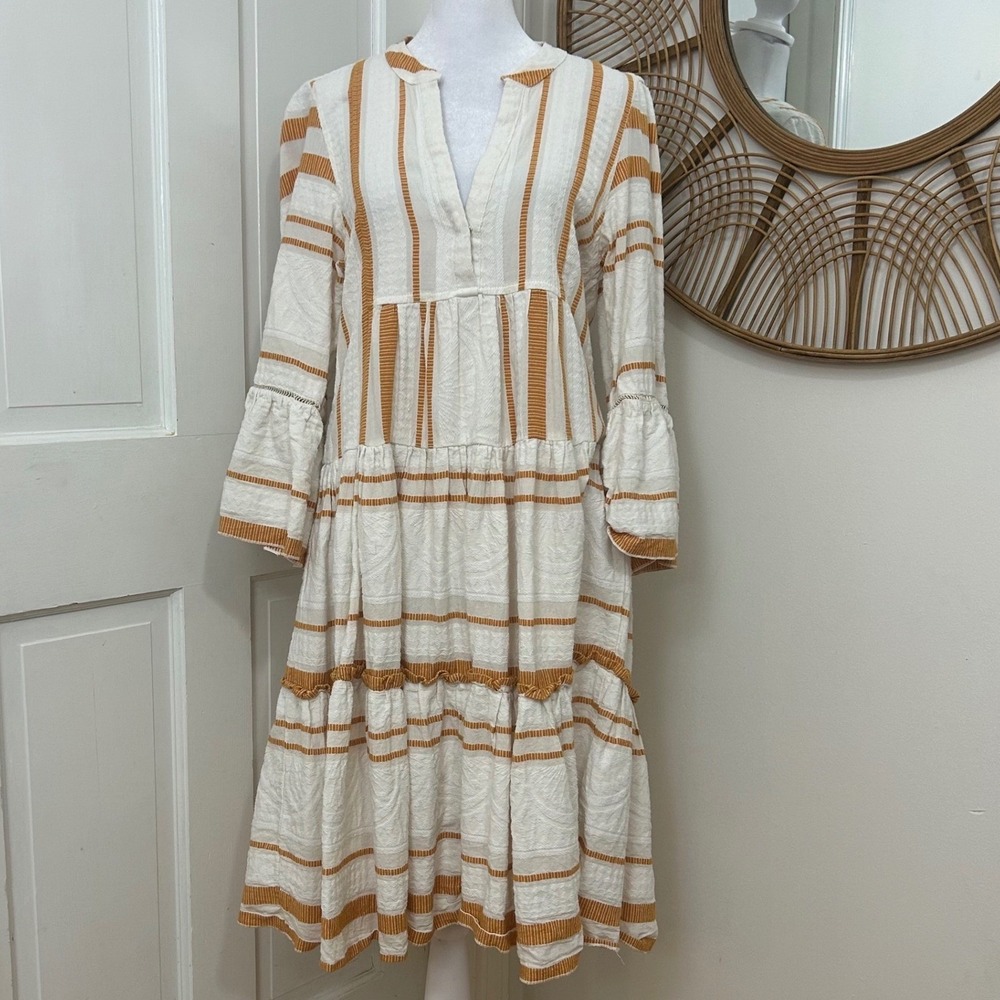 Pearl & Caviar Zakar Greek Sz S Dress Chic Bell Sleeve Midi Dress Boho Resort